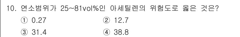 화재감식평가기사 2021년 10번 - 정답은 ③ 31.4입니다. 아세틸렌의 연소 시 발생하는 열량은 높은 편이... 에 관한 핵심 기출문제