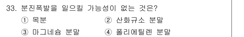 화재감식평가기사 2021년 33번 - . 신합규소 불말  

신합규소는 폭발성이 없는 물질로, 분진 폭발을 일... 에 관한 핵심 기출문제