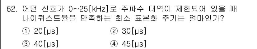 방송통신기사 2015년 62번 - 전송 대역폭이 0~25 kHz일 때, 나이퀴스트 샘플링 정리에 따라 최소... 에 관한 핵심 기출문제