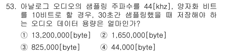 방송통신기사 2016년 53번 - 주어진 문제에서 샘플링 주파수는 44 kHz이고, 비트 수는 10 비트입... 에 관한 핵심 기출문제