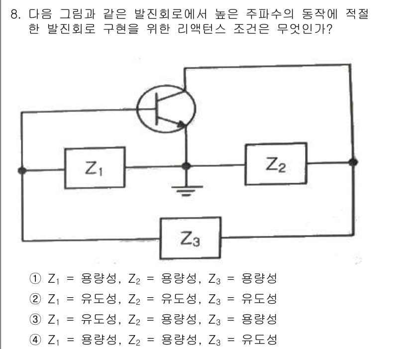 방송통신기사 2017년 8번 - 문제의 회로에서 높은 주파수에서의 동작을 위해서는 입력 임피던스(Z1)와... 에 관한 핵심 기출문제