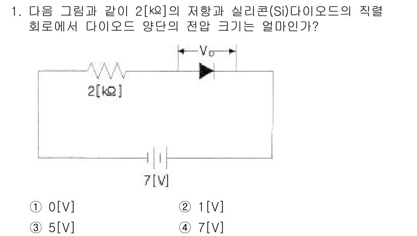 방송통신기사 2018년 1번 - 주어진 회로에서 직렬 저항 2kΩ과 7V 전원, 다이오드가 연결되어 있습... 에 관한 핵심 기출문제