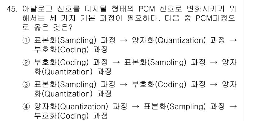 방송통신기사 2018년 45번 - PCM 신호로 변환하기 위해서는 먼저 아날로그 신호를 표본화(Sampli... 에 관한 핵심 기출문제