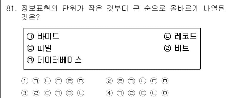 방송통신기사 2019년 81번 - 정답은 ② 레코드입니다. 정보 표현의 단위는 비트 → 바이트 → 레코드 ... 에 관한 핵심 기출문제