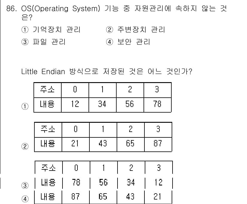 방송통신기사 2019년 86번 - 주어진 내용에서 Little Endian 방식은 가장 낮은 바이트가 먼저... 에 관한 핵심 기출문제