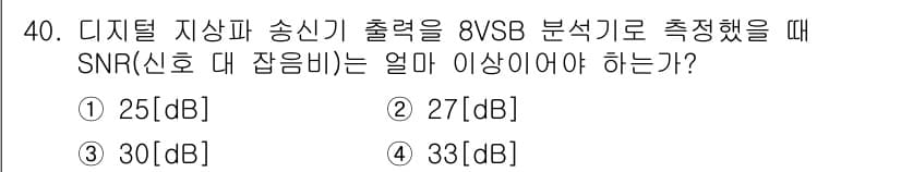 방송통신기사(구) 2020년 40번 - SNR(신호 대 잡음비)은 디지털 통신에서 중요한 지표로, 수신 신호 품... 에 관한 핵심 기출문제