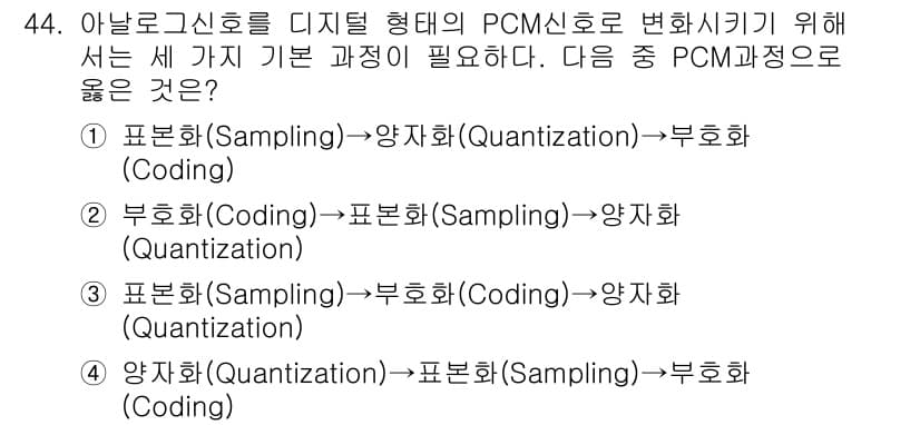 방송통신기사(구) 2020년 44번 - . 표본화(Sampling) → 양자화(Quantization) → 부호... 에 관한 핵심 기출문제