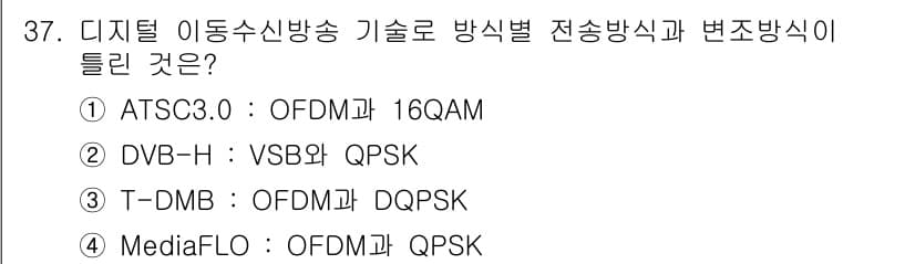 방송통신기사(구) 2021년 37번 - DVB-H는 VSB 방식과 QPSK 변조 방식을 사용하여 디지털 이동통신... 에 관한 핵심 기출문제
