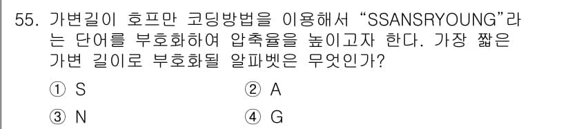 방송통신기사(구) 2022년 55번 - . 

핵심 해설: 가변 길이 호프만 코딩은 데이터 압축 방법으로, 압축... 에 관한 핵심 기출문제