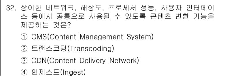방송통신기사(구) 2023년 32번 - 정답은 ② 트랜스코딩(Transcoding)입니다. 트랜스코딩은 다양한 ... 에 관한 핵심 기출문제