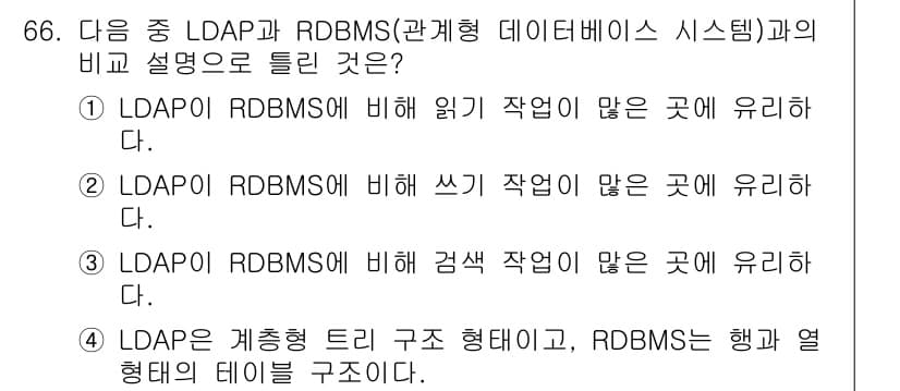 리눅스마스터_1급 2023년 66번 - LDAP는 주로 디렉토리 서비스로 사용되어 읽기 작업이 많고, RDBMS... 에 관한 핵심 기출문제