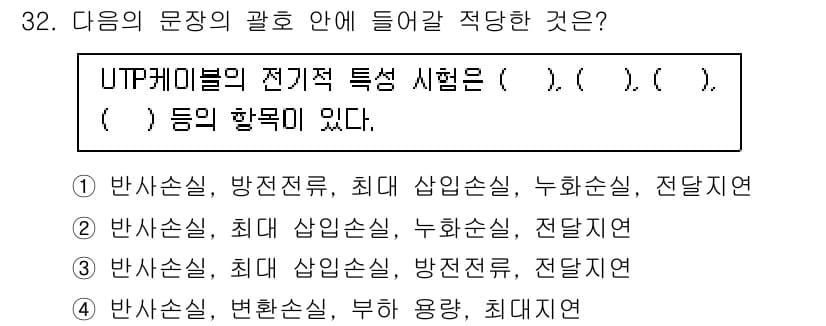 무선설비산업기사 2023년 32번 - UTP 케이블의 전기적 특성에는 반사손실, 방전전류, 최대 사양온도, 누... 에 관한 핵심 기출문제