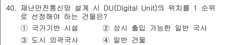 무선설비산업기사 2023년 40번 - . 국가기반 시설  
정답인 이유: 국가기반 시설은 무선설비의 안정성과 ... 에 관한 핵심 기출문제
