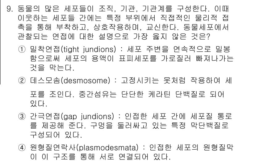 9급_지방직_공무원_서울시_생물 2022년 9번 - 정답은 4번, 플라스모데스마타(plasmodesmata)입니다. 플라스모... 에 관한 핵심 기출문제