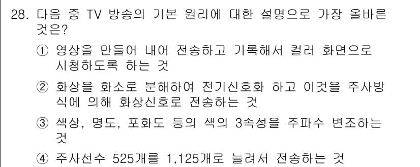 방송통신산업기사 2015년 28번 - 2번의 설명은 TV 방송에서 화상 처리 방식을 언급하고 있으며, 전기신호... 에 관한 핵심 기출문제