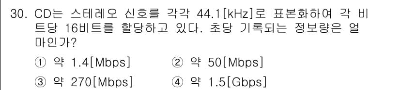 방송통신산업기사 2015년 30번 - CD의 스테레오 신호는 각 비트가 16비트로 구성되어 있으며, 샘플링 주... 에 관한 핵심 기출문제