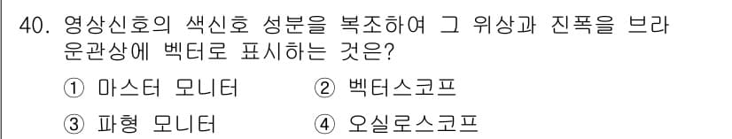 방송통신산업기사 2015년 40번 - 백드 스코프는 영상 신호의 색상 성분을 분석하고 그 위상 및 진폭을 시각... 에 관한 핵심 기출문제
