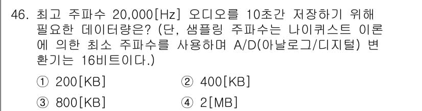방송통신산업기사 2015년 46번 - 아날로그 신호를 디지털 신호로 변환할 때 샘플링 정리에 따라 최소 두 배... 에 관한 핵심 기출문제