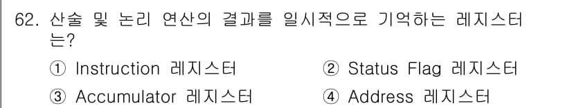 방송통신산업기사(구) 2016년 62번 - 정답은 3번, Accumulator 레지스터입니다. Accumulator... 에 관한 핵심 기출문제