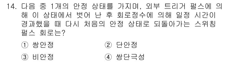 방송통신산업기사(구) 2018년 14번 - 정답 2번 '단안극성'입니다. 단안극성은 외부 자극 후 안정 상태로 되돌... 에 관한 핵심 기출문제