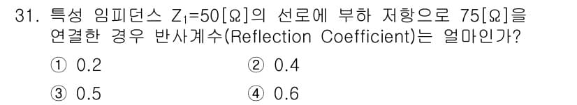 방송통신산업기사 2018년 31번 - 반사 계수(Reflection Coefficient)는 특성 임피던스와 ... 에 관한 핵심 기출문제