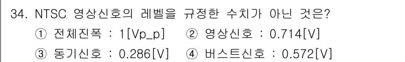 방송통신산업기사 2018년 34번 - NTSC 영상신호의 레벨은 전체전폭, 영상신호, 동기신호 등의 값을 기준... 에 관한 핵심 기출문제