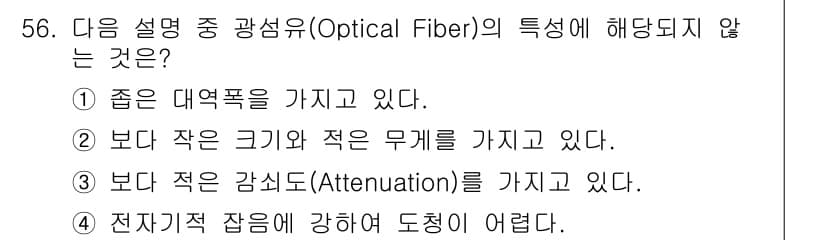 방송통신산업기사(구) 2019년 56번 - 광섬유의 특성 중 해당되지 않는 것은 "전자기적 잡음에 강하여 도정이 어... 에 관한 핵심 기출문제