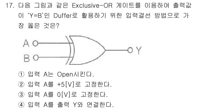 방송통신산업기사(구) 2021년 17번 - 해당 회로에서 Y = B로 출력하려면 A와 B의 값이 같아야 합니다. E... 에 관한 핵심 기출문제