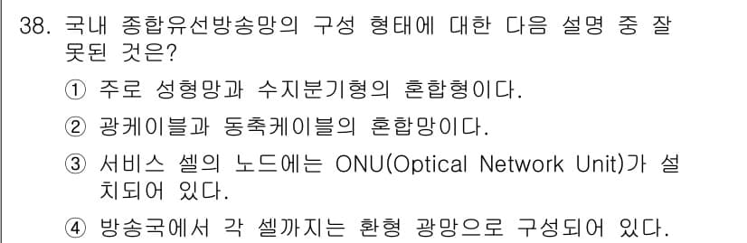 방송통신산업기사 2023년 38번 - 정답은 4번으로, 방송국의 각 셀 또는 단위는 혼합된 광망으로 구성되어 ... 에 관한 핵심 기출문제