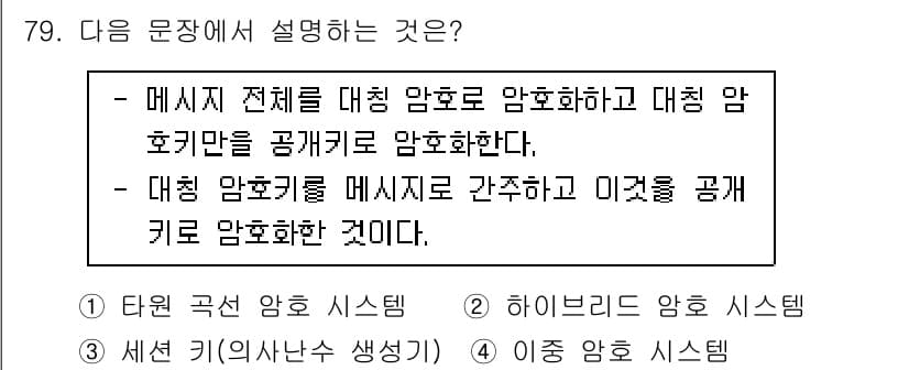 정보보안기사 2022년 79번 - 정답은 2번 하이브리드 암호 시스템이다. 이는 대칭 암호와 비대칭 암호의... 에 관한 핵심 기출문제
