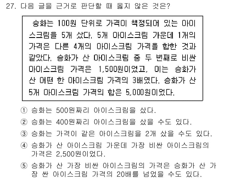PSAT_상황판단 2023년 29번 - 3번은 상황 판단에서 벗어난 내용이다. 문제는 아이스크림 가격의 변화 및... 에 관한 핵심 기출문제
