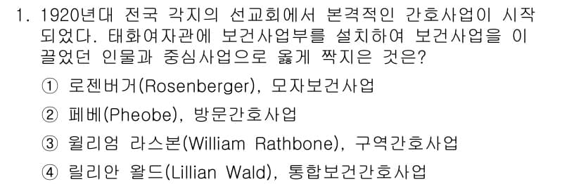9급_지방직_공무원_서울시_지역사회간호 2022년 1번 - 정답: ① 로젠버그(Rosenberg), 모자보건사업

해설: 로젠버그는... 에 관한 핵심 기출문제