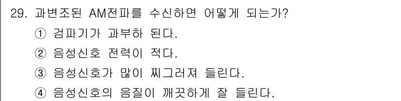 육상무선통신사 2022년 29번 - . 과변조된 AM 전파는 신호의 음질이 깨져서 잘 들리게 된다. 과변조로... 에 관한 핵심 기출문제