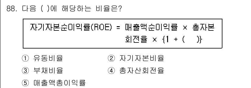 경영지도사_1차 2023년 88번 - 정답은 3번, 총자본회전율입니다. 자기자본순이익률(ROE)은 순이익을 자... 에 관한 핵심 기출문제