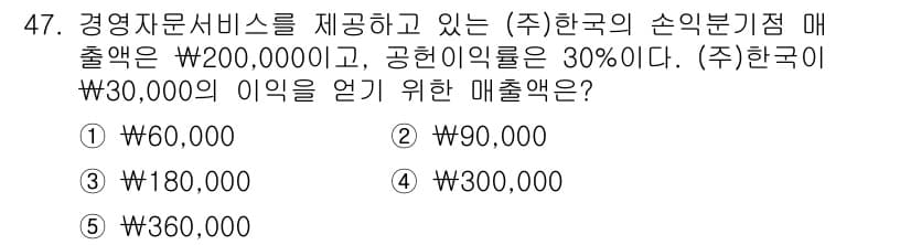 경영지도사_1차_1교시(구) 2023년 47번 - 해당 문제는 매출과 공헌이익률을 이용해 필요 매출액을 계산하는 문제입니다... 에 관한 핵심 기출문제