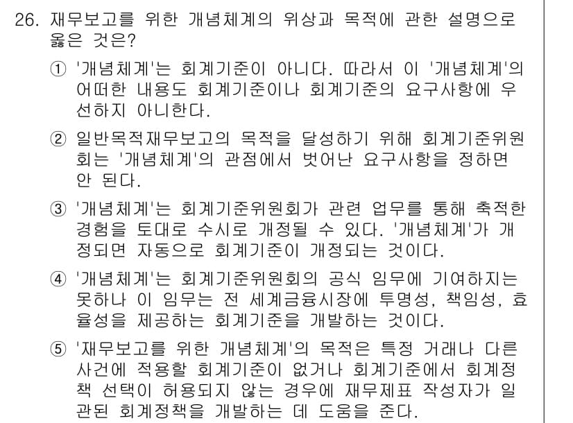 경영지도사_1차_1교시 2023년 26번 - . 

'개념체계'는 회계기준의 기본 원칙을 제시하는 것으로, 회계기준의... 에 관한 핵심 기출문제