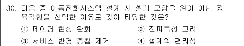 육상무선통신사 2015년 30번 - 정답은 ③ 서비스 반경 중첩 제거입니다. 정적형을 선택하는 이유는 페이딩... 에 관한 핵심 기출문제