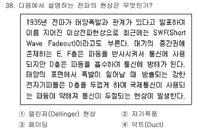 육상무선통신사 2018년 38번 - 질문에서 설명하는 전파의 현상은 "딜런저 현상(Dellinger effe... 에 관한 핵심 기출문제