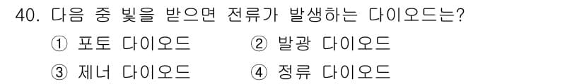 항공무선통신사 2023년 40번 - . 포토 다이오드

포토 다이오드는 빛을 받았을 때 전류가 발생하는 특징... 에 관한 핵심 기출문제