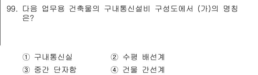 정보통신기사(구) 2023년 100번 - 정답인 3번 '건물 간선계'는 구내통신설비와 관련하여 건물 내에서 통신 ... 에 관한 핵심 기출문제