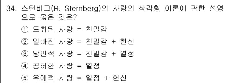 청소년상담사_1급(2교시)(구) 2023년 34번 - 스턴버그의 사랑의 삼각형 이론에서 '우애 사랑'은 친밀감과 열정의 조합이... 에 관한 핵심 기출문제