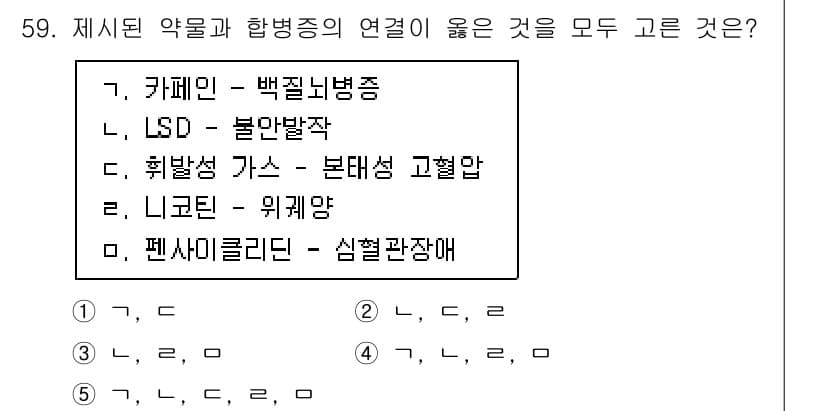 청소년상담사_1급(2교시)(구) 2023년 59번 - 정답인 3번 'LSD - 불안발작'은 LSD가 신경계에 미치는 영향으로 ... 에 관한 핵심 기출문제