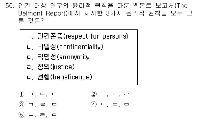 청소년상담사_2급(1교시) 2023년 50번 - 벨몬트 보고서에서 제시한 3가지 윤리적 원칙은 인간 존중, 자율성 존중,... 에 관한 핵심 기출문제