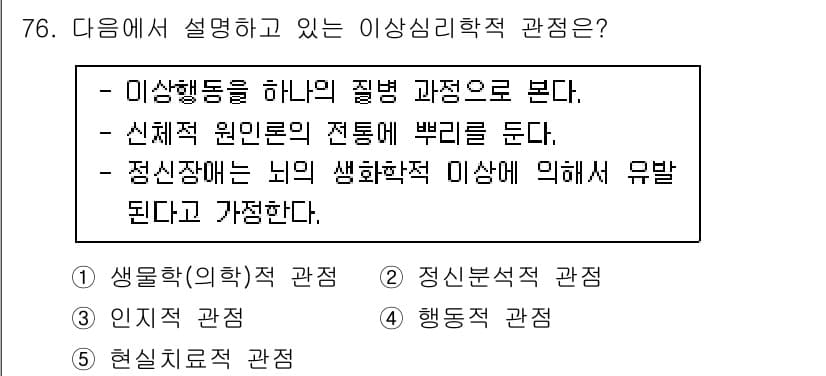 청소년상담사_2급(1교시) 2023년 76번 - 정답은 "정신분석적 관점"입니다. 이 관점은 인간의 행동과 정신적 과정이... 에 관한 핵심 기출문제