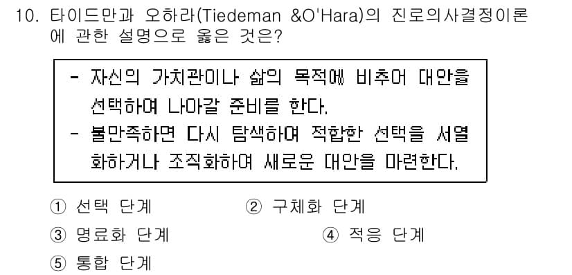 청소년상담사_2급(2교시) 2023년 10번 - 정답 2번은 개인의 가치관 또는 삶의 목적이 선택의 기준이 되어야 한다는... 에 관한 핵심 기출문제