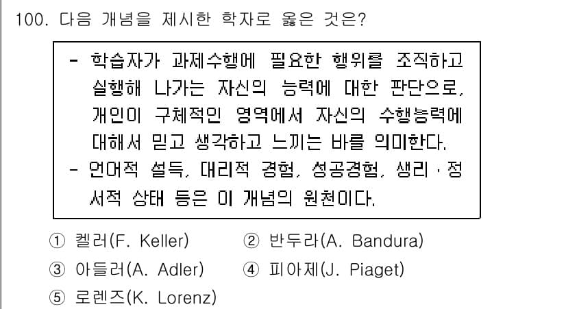 청소년상담사_2급(2교시) 2023년 100번 - . 반두라 (A. Bandura)

반두라의 사회적 학습 이론은 관찰 학... 에 관한 핵심 기출문제