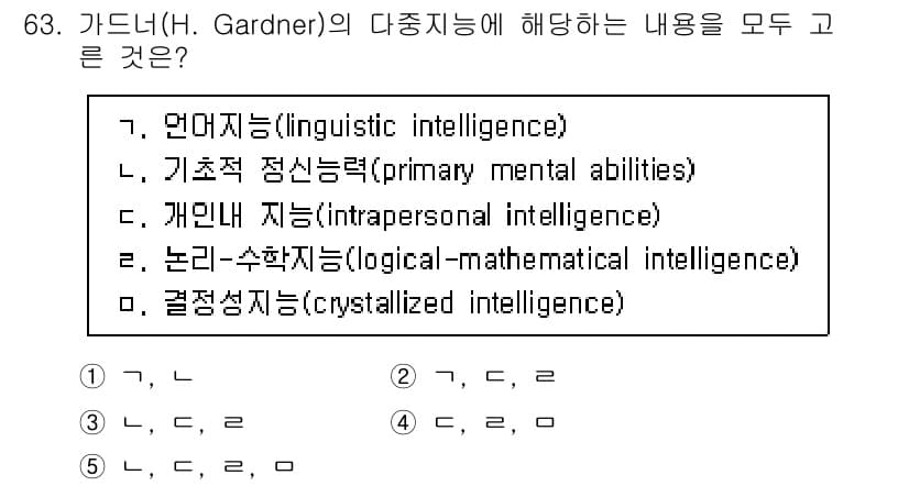 청소년상담사_3급(1교시) 2023년 63번 - . 초록적 정신능력(Primary Mental Abilities)은 가드... 에 관한 핵심 기출문제