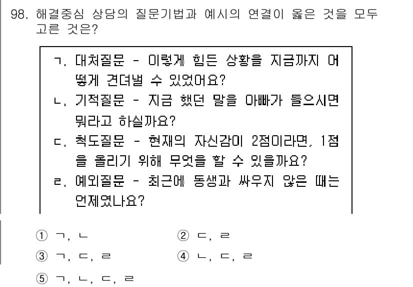 청소년상담사_3급(1교시) 2023년 98번 - 정답과 핵심 포인트를 검수 중인 기출문제