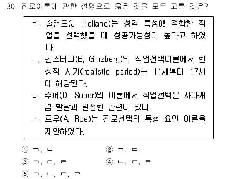 청소년상담사_3급(2교시)(구) 2023년 30번 - 2. 홀랜드(Holland)의 성격 유형 이론에 따르면, 개인의 성격 유... 에 관한 핵심 기출문제