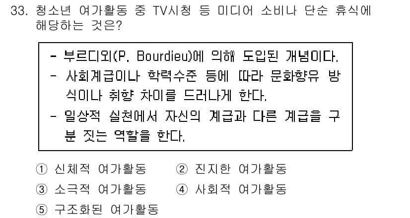 청소년상담사_3급(2교시)(구) 2023년 33번 - 정답인 이유는 부르디외의 개념을 바탕으로 청소년이 미디어 소비를 통해 자... 에 관한 핵심 기출문제